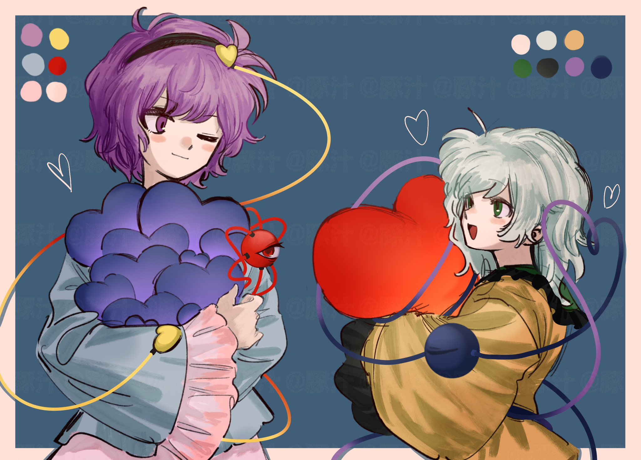 ame iru, komeiji koishi, komeiji satori, touhou, highres, 2girls, black hairband, blue shirt, eyeball, frilled shirt collar, frilled sleeves, frills, green eyes, green hair, hair ornament, hairband, heart, heart hair ornament, heart of string, multiple girls, pink eyes, pink hair, shirt, siblings, sisters, sleeves past wrists, smile, third eye, wide sleeves, yellow shirt