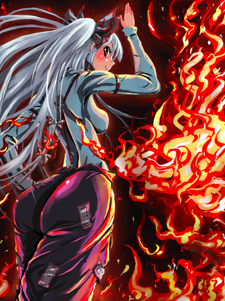 kabutoyama, fujiwara no mokou, touhou, silver hair, 1girl, ass, breasts, female focus, fire, long hair, ribbon, solo, standing