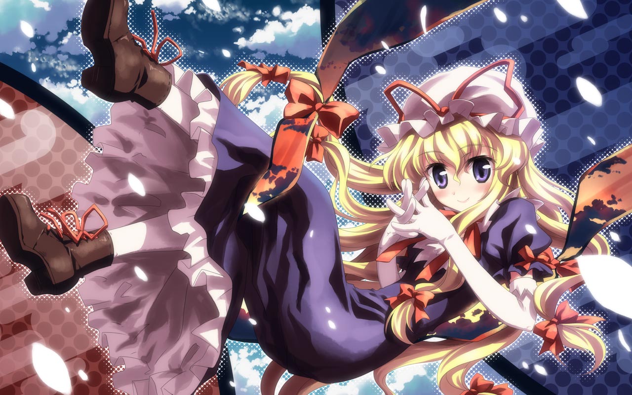studio sdt, yuuki tatsuya, yakumo yukari, touhou, 1girl, blonde hair, boots, elbow gloves, female focus, gap (touhou), gloves, hair ribbon, hat, long hair, purple eyes, ribbon, smile, solo, white gloves