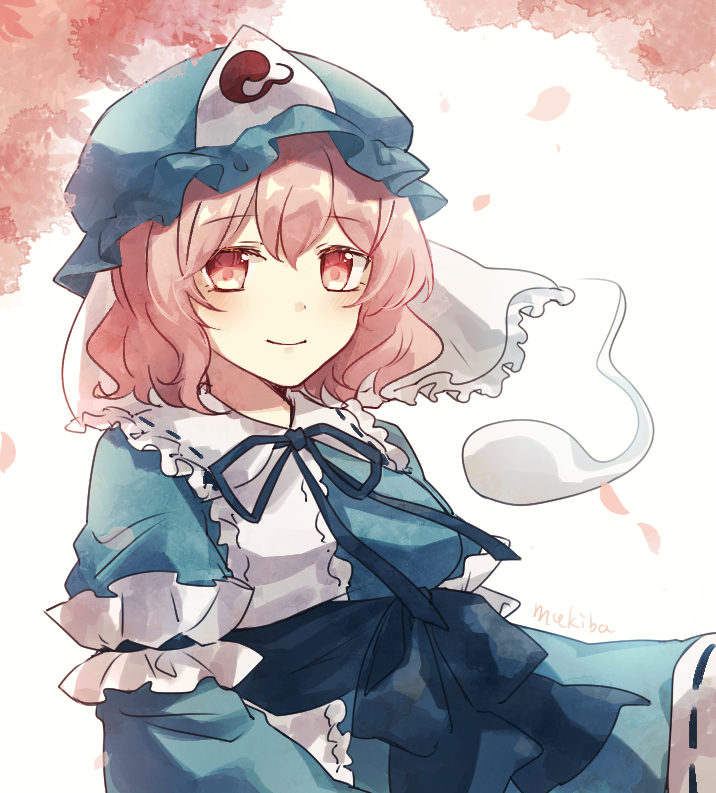 koto (shiberia39), saigyouji yuyuko, touhou, 1girl, blue bow, blue dress, blue hat, blue ribbon, blue sash, blush, bow, breasts, collar, dress, flower, frills, ghost, hair between eyes, hat, mob cap, petals, pink hair, ribbon, sash, simple background, sleeve cuffs, smile, solo, standing, veil, white collar