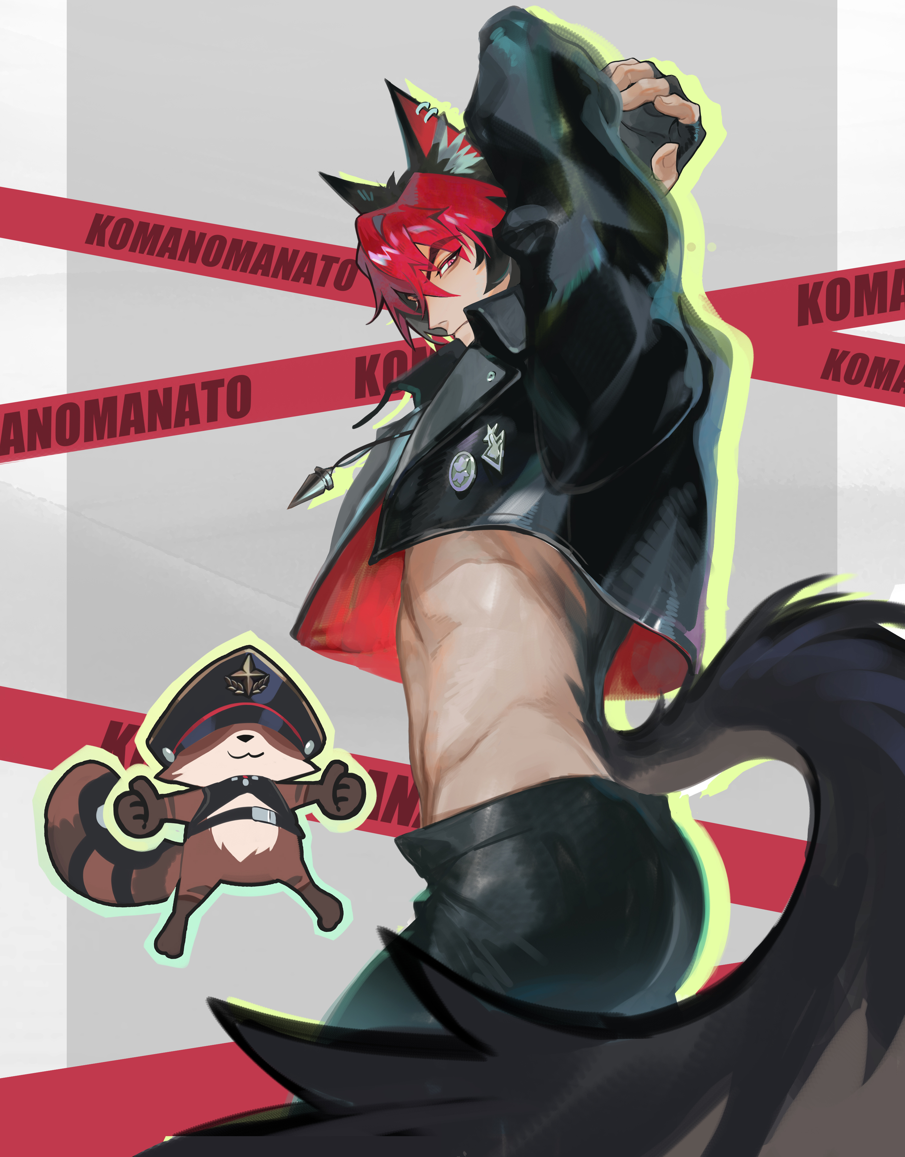 jiangyiting17, kamanosuke (zenless zone zero), komano manato, zenless zone zero, absurdres, hashtag-only commentary, highres, 1boy, abs, animal ears, arms behind head, black hat, black jacket, black pants, character name, closed mouth, cropped jacket, dog boy, dog ears, dog tail, from side, hat, jacket, jewelry, male focus, multicolored hair, muscular, muscular male, necklace, pants, pectorals, profile, raccoon, raccoon ears, raccoon tail, tail