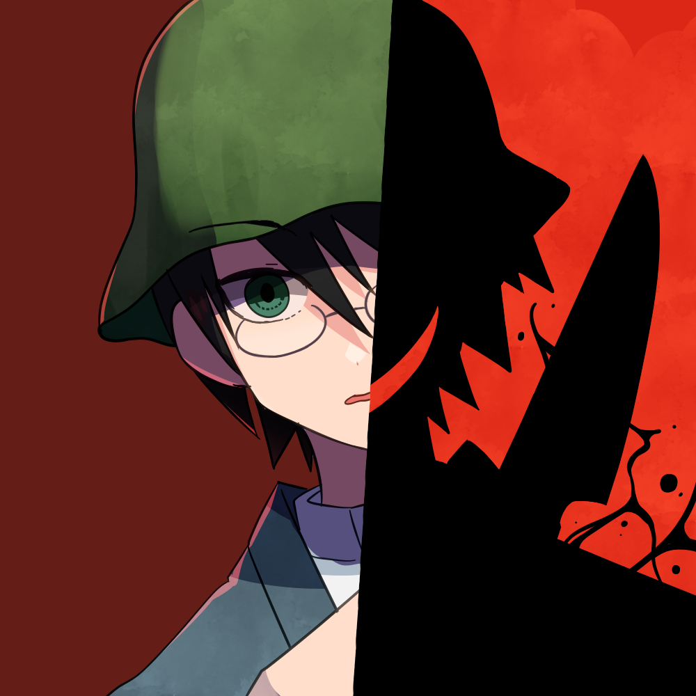 tomato ebichiri, itoshiki nozomu, sayonara zetsubou sensei, commentary request, 1boy, black hair, blood, close-up, crazy grin, glasses, green eyes, green hat, hat, holding, holding knife, japanese clothes, kimono, knife, looking at viewer, male focus, mob cap, official alternate costume, open mouth, red background, silhouette, solo