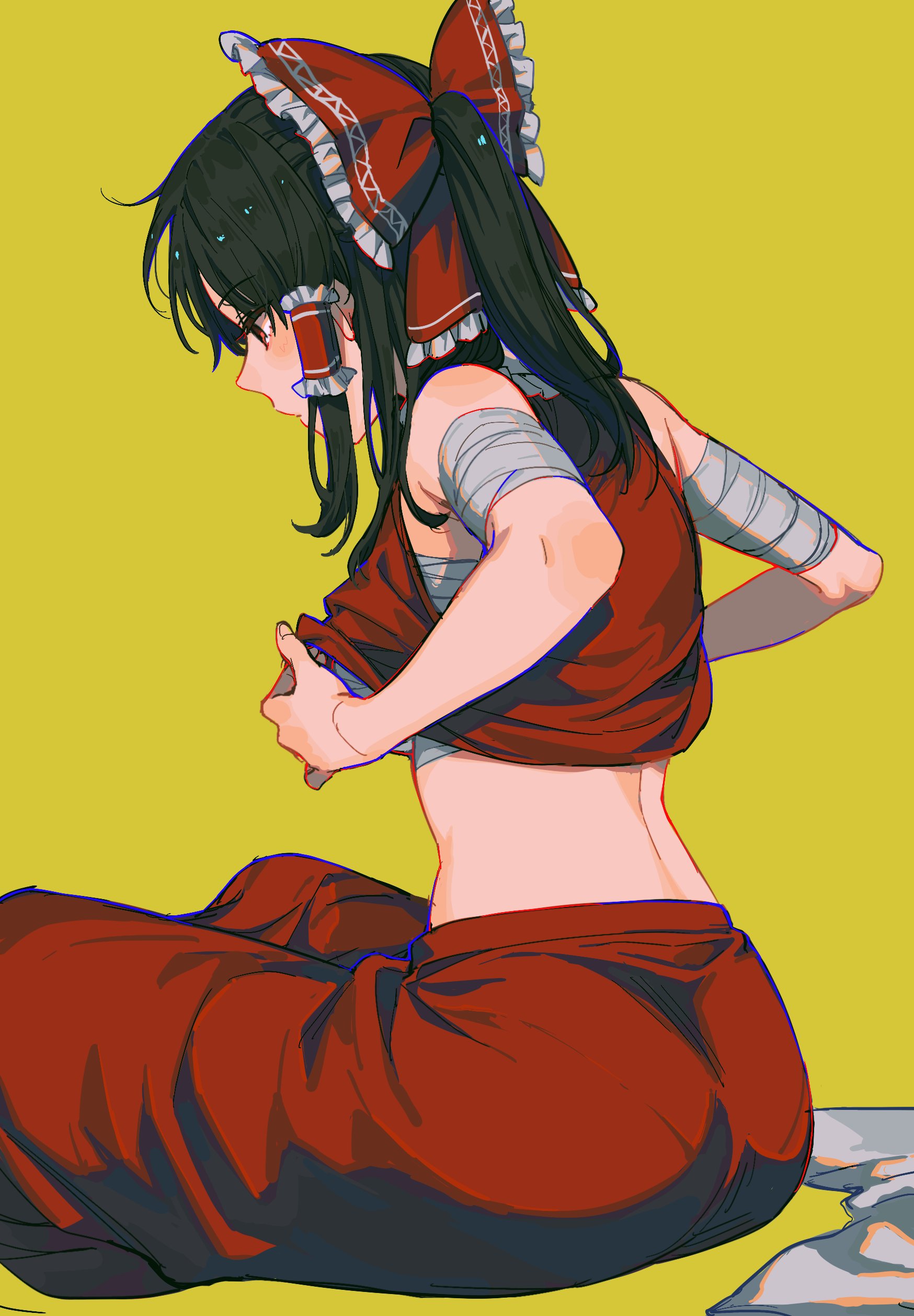 noriuma, hakurei reimu, touhou, absurdres, highres, 1girl, ass, bandaged arm, bandages, black hair, bow, breasts, chest sarashi, closed mouth, dressing, expressionless, frilled bow, frilled hair tubes, frills, from side, hair bow, hair tubes, long hair, looking ahead, looking down, median furrow, ponytail, red bow, red eyes, red shirt, red skirt, sarashi, shirt, simple background, sitting, skirt, sleeveless, sleeveless shirt, small breasts, solo, yellow background