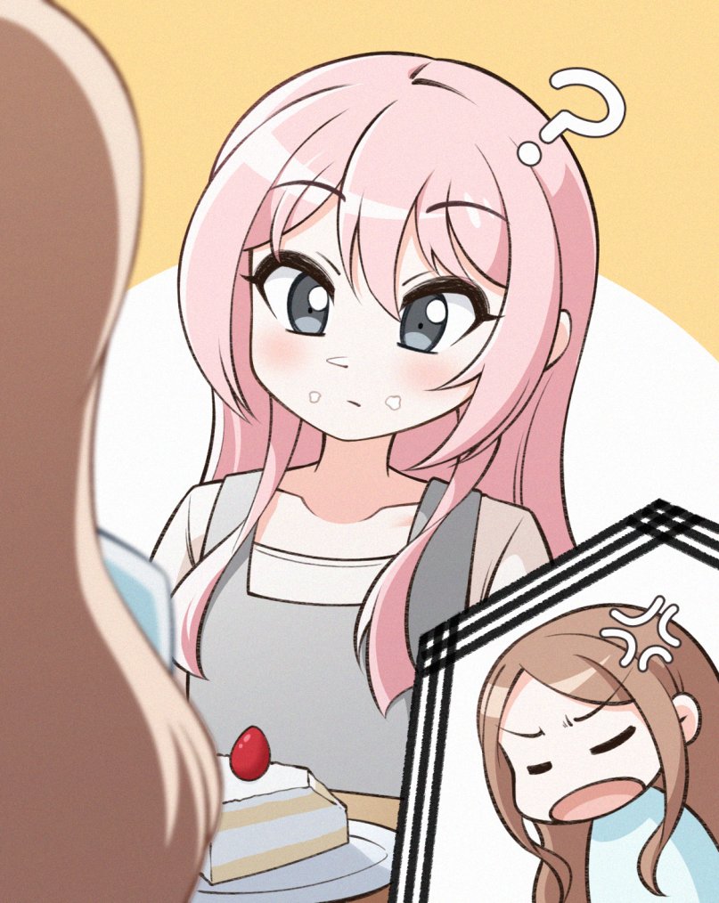 jiwon (sj1), chihaya anon, nagasaki soyo, bang dream!, bang dream! it's mygo!!!!!, commentary, symbol-only commentary, 2girls, ?, anger vein, brown hair, cake, closed eyes, closed mouth, food, food on face, grey eyes, long hair, multiple girls, open mouth, pink hair, sidelocks, upper body