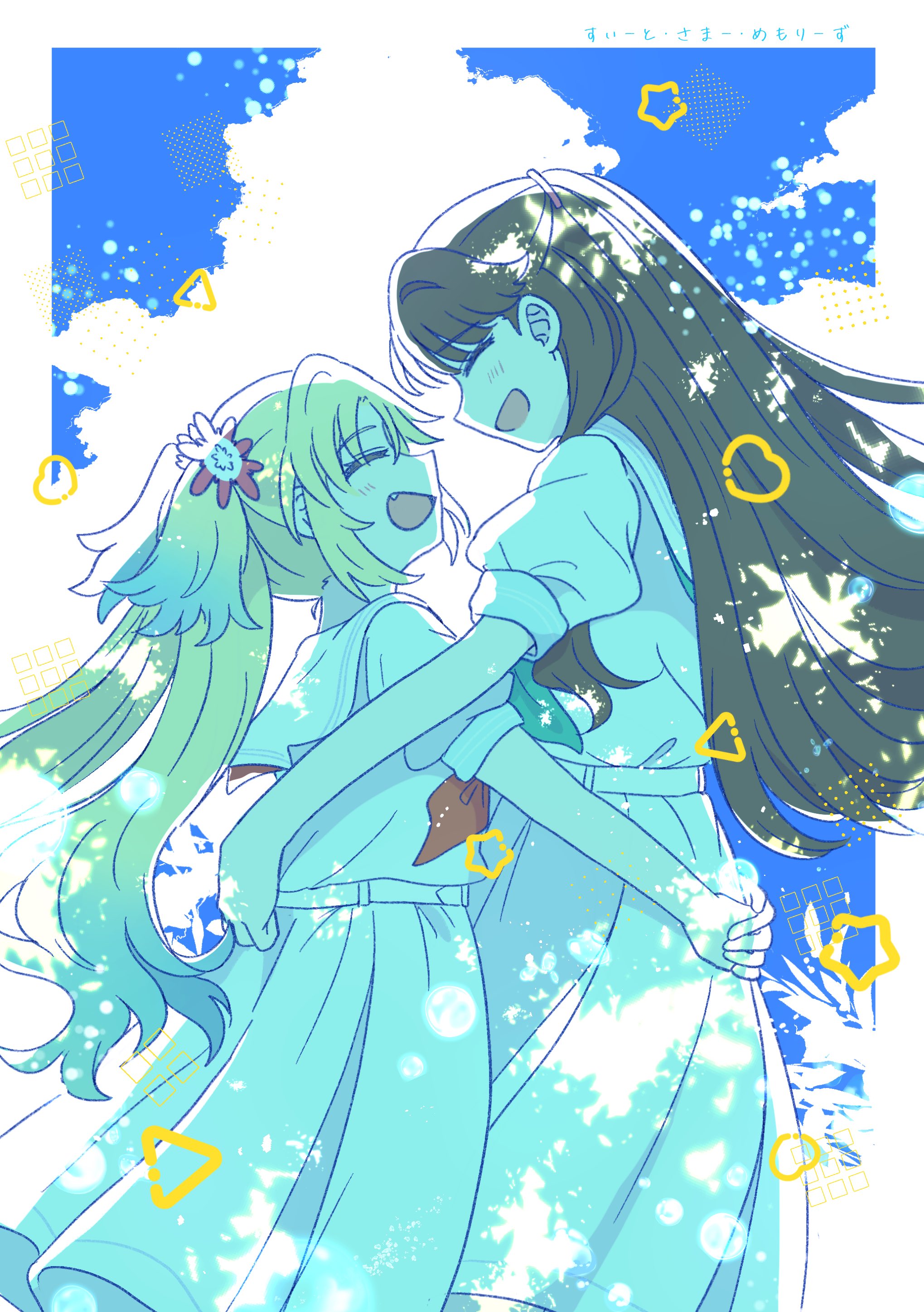 watage modoki, fujishima megumi, osawa rurino, link! like! love live!, love live!, absurdres, commentary request, highres, revision, 2girls, :d, ^ ^, arms around waist, blonde hair, blue hair, blue sky, border, closed eyes, cloud, collared shirt, dappled sunlight, dress, fang, flower, hair flower, hair intakes, hair ornament, hasu no sora school uniform, hug, long hair, medium dress, mira-cra park!, multiple girls, open mouth, outside border, pink flower, profile, sailor collar, school uniform, shirt, sidelocks, sky, smile, summer uniform, sunlight, twintails, two side up, virtual youtuber, white border, white dress, white sailor collar