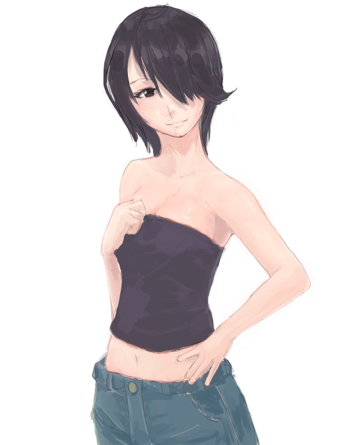 suiso, suiso (pixiv2839), marina wulfstan, senjou no valkyria, senjou no valkyria (series), senjou no valkyria 1, 00s, 1girl, bare shoulders, black hair, brown eyes, denim, female focus, hair over one eye, head tilt, jeans, midriff, pants, short hair, solo, strapless, tube top