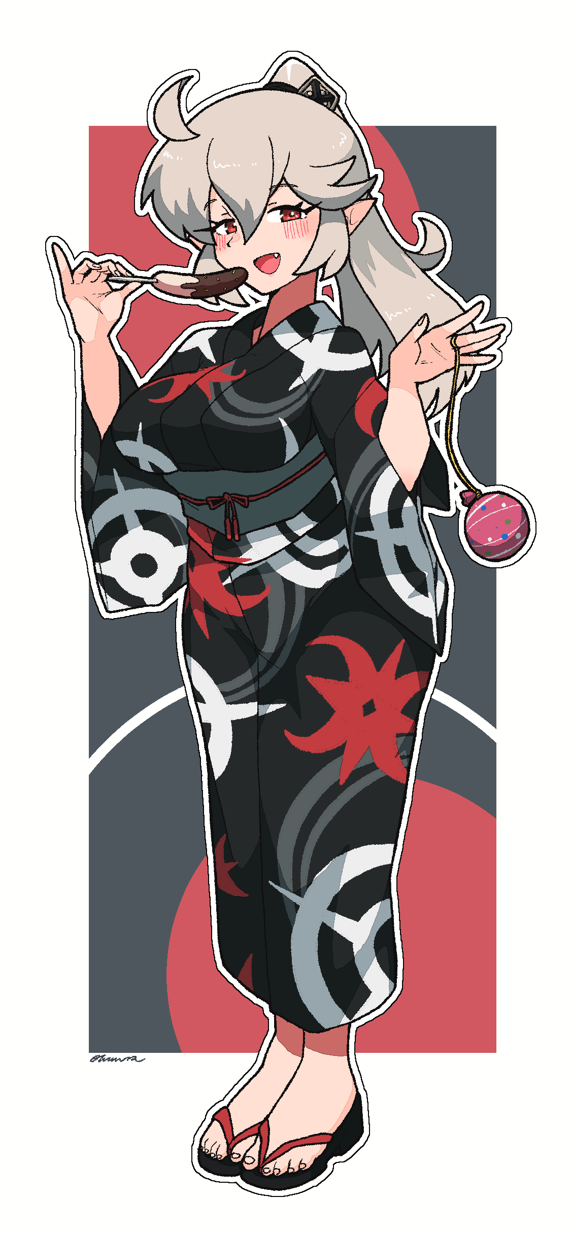 omura zojiki, female corrin (fire emblem), fire emblem, fire emblem fates, nintendo, absurdres, commentary request, highres, 1girl, alternate costume, alternate hairstyle, black kimono, black sandals, border, breasts, chocolate-covered food, chocolate banana, fang, food, full body, grey hair, grey sash, hair between eyes, holding, holding food, japanese clothes, kimono, large breasts, long hair, looking at viewer, obi, open mouth, outline, outside border, pointy ears, ponytail, red eyes, sandals, sash, smile, solo, standing, white border, white outline