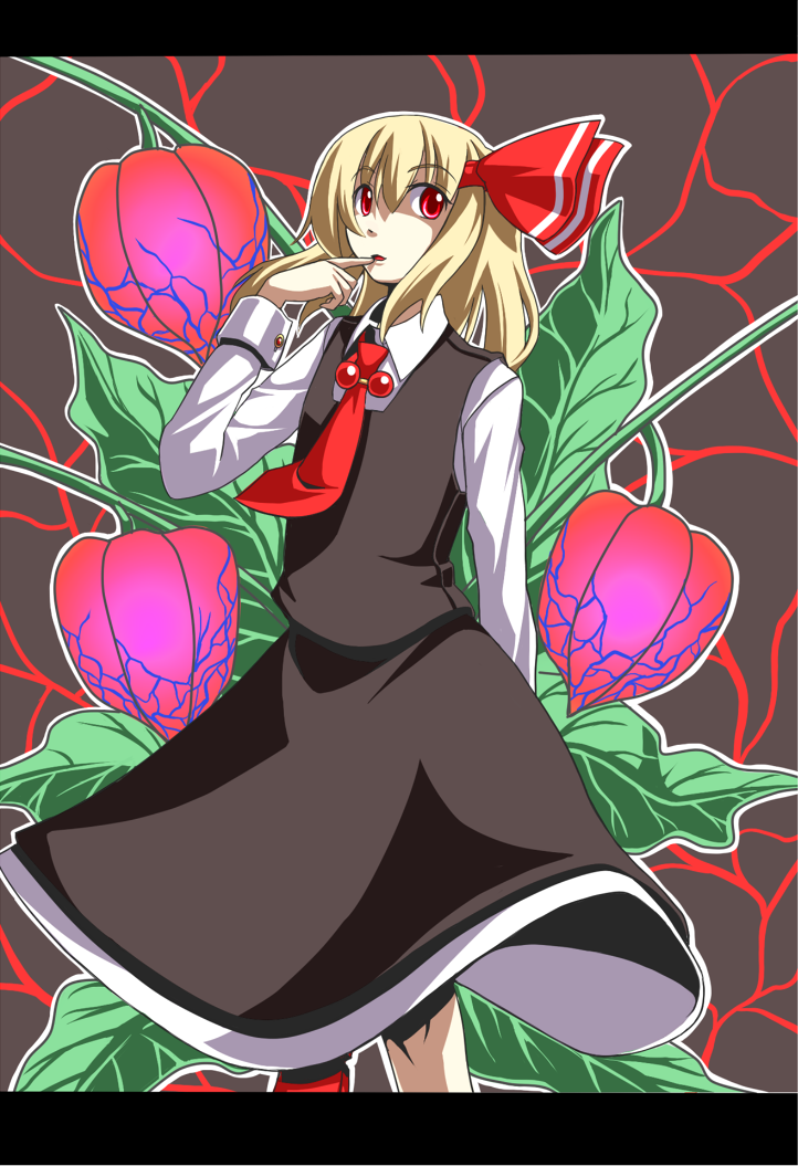 mendou saya, rumia, embodiment of scarlet devil, touhou, bad id, bad pixiv id, 1girl, blonde hair, chinese lantern (plant), female focus, finger to mouth, hair ribbon, letterboxed, necktie, red eyes, red necktie, ribbon, short hair, solo