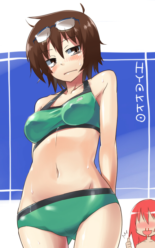 gengorou, andou nene, kazamatsuri touma, hyakko, bad id, bad pixiv id, 00s, 2girls, bikini, blood, blush, breasts, brown eyes, brown hair, covered erect nipples, glasses, medium breasts, midriff, multiple girls, navel, nosebleed, red hair, short hair, swimsuit, thumbs up