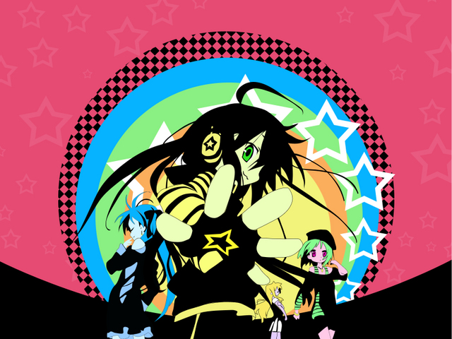 hiiragi kagami, hiiragi tsukasa, izumi konata, takara miyuki, lucky star, striped, 00s, ahoge, gloves, headphones, star (symbol)
