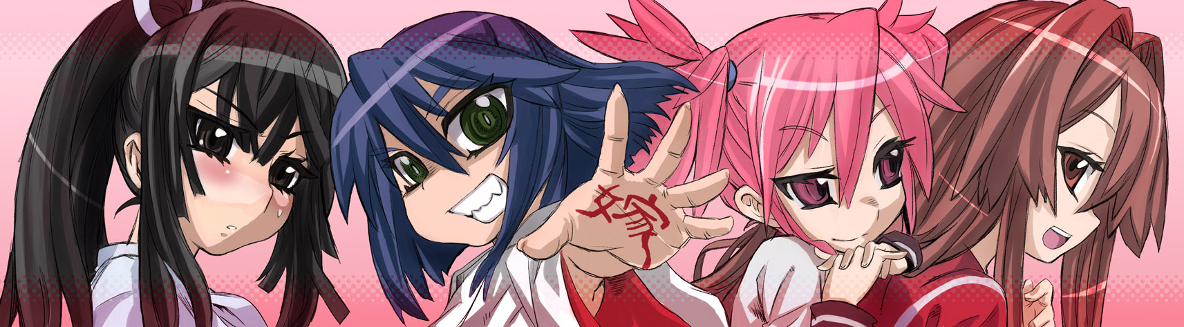 nabeyu, edomae lunar, maki (seto no hanayome), seto sun, shiranui akeno, seto no hanayome, highres, long image, wide image, 00s, 4girls, black hair, blue hair, blush, brown eyes, brown hair, green eyes, long hair, multiple girls, pink hair, ponytail, purple eyes, short hair, twintails