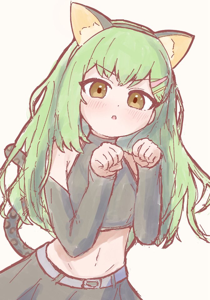 tokusa (sachi biglove), ogami sachi, link! like! love live!, love live!, commentary request, 1girl, :o, alternate costume, animal ear hairband, animal ears, bare shoulders, black skirt, blush, brown eyes, cat ear hairband, cat ears, crop top, detached sleeves, fake animal ears, fake tail, green hair, hair ornament, hairband, hairclip, international cat day, leopard tail, long hair, looking at viewer, midriff, navel, parallel hairclips, paw pose, pleated skirt, skirt, solo, tail, v-shaped eyebrows