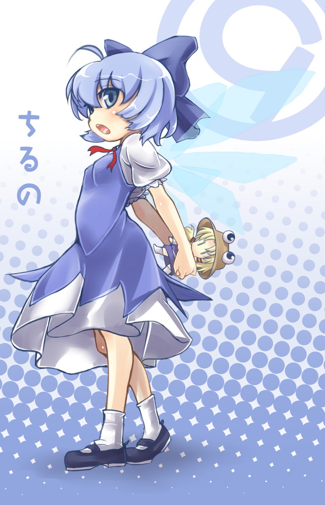 nanamiso, cirno, moriya suwako, touhou, bad id, bad pixiv id, 1girl, black shoes, blonde hair, blue hair, character doll, circled 9, doll, female focus, hat, ribbon, shoes, short hair, socks, solo, white socks