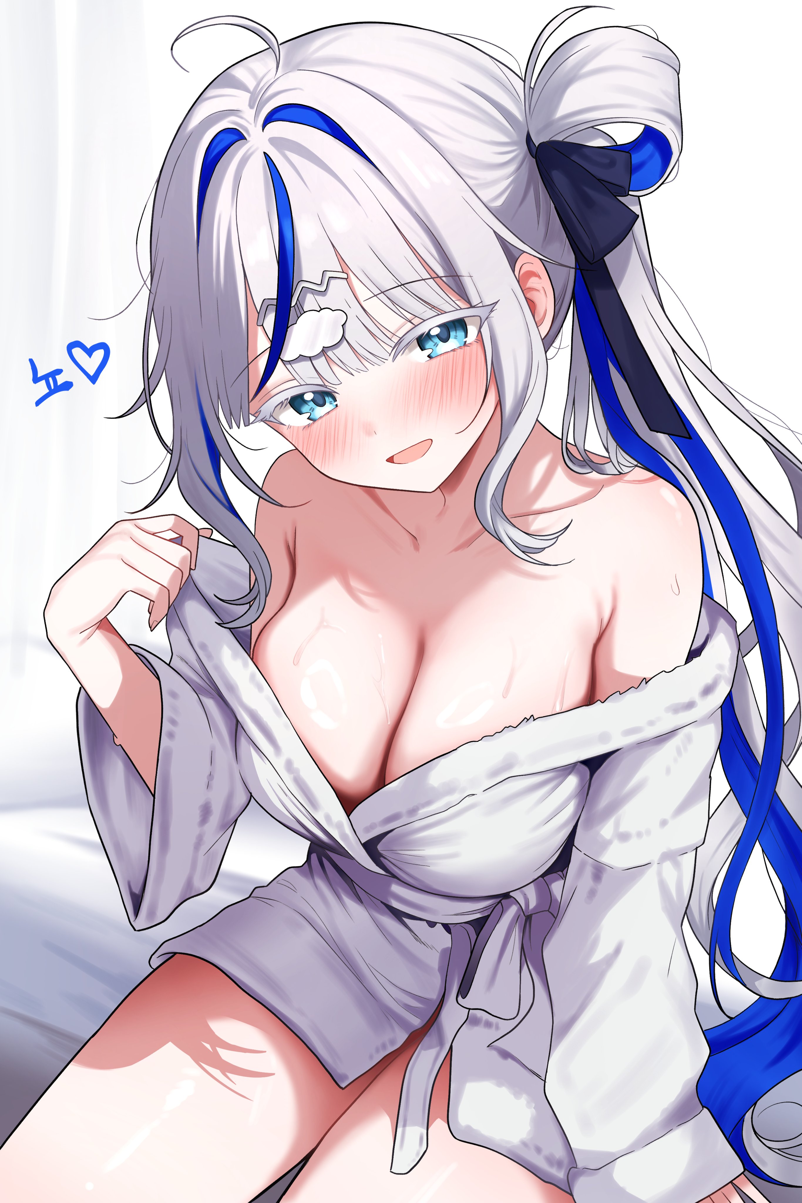 saho 4545, aokumo rin, stellive, absurdres, commentary, highres, 1girl, ahoge, armpit crease, bare shoulders, bathrobe, blue eyes, blue hair, blush, breasts, cleavage, collarbone, colored eyelashes, hair ornament, hair ribbon, hair rings, hairclip, large breasts, long hair, looking at viewer, multicolored hair, off shoulder, open mouth, ribbon, side ponytail, sidelocks, smile, solo, streaked hair, sweat, two-tone hair, very long hair, virtual youtuber, white eyelashes, white hair