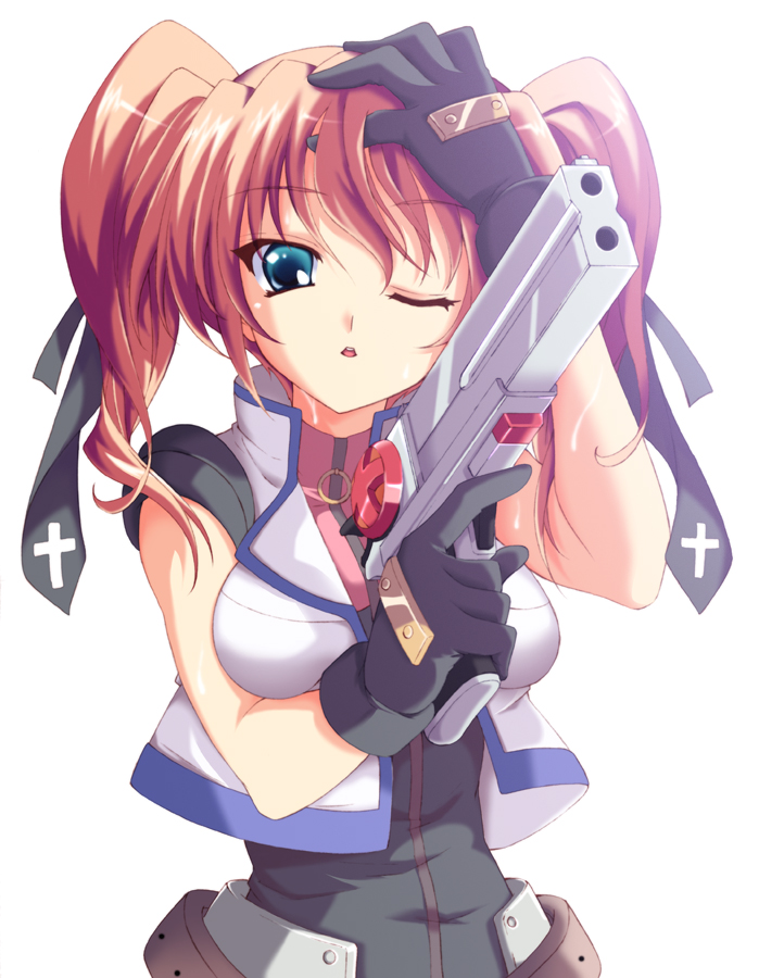 hayakawa harui, cross mirage, teana lanster, lyrical nanoha, mahou shoujo lyrical nanoha, mahou shoujo lyrical nanoha strikers, 00s, 1girl, blue eyes, breasts, female focus, gloves, gun, hair ribbon, handgun, one eye closed, red hair, ribbon, solo, sweat, twintails, weapon, wink