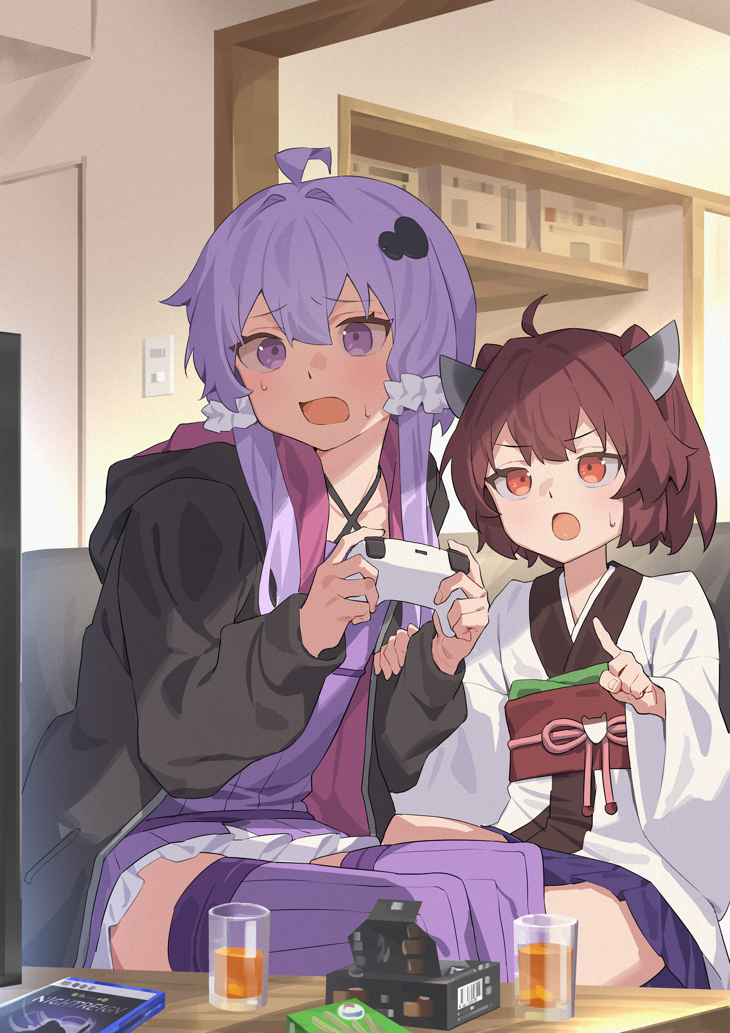yamamomo (plank), touhoku kiritan, yuzuki yukari, voiceroid, commentary request, highres, 2girls, ahoge, black jacket, brown hair, controller, couch, criss-cross halter, dress, game controller, hair ornament, hair scrunchie, halterneck, hand on another's arm, headgear, holding, holding controller, holding game controller, hood, hood down, hooded jacket, indoors, jacket, japanese clothes, kimono, long sleeves, multiple girls, obi, obiage, obijime, on couch, open clothes, open jacket, open mouth, orange eyes, playing games, pointing, purple dress, purple eyes, purple hair, purple skirt, purple thighhighs, sash, scrunchie, short hair, short hair with long locks, short twintails, sitting, skirt, thighhighs, twintails, white kimono, white scrunchie, wide sleeves