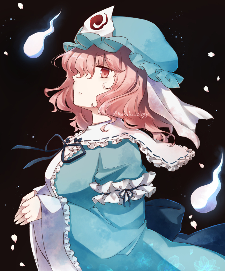 koto (shiberia39), saigyouji yuyuko, touhou, blue bow, blue dress, blue hat, blue ribbon, bow, breasts, collar, dark background, dress, frills, ghost, hair between eyes, hat, long sleeves, looking at viewer, mob cap, night, own hands together, petals, pink eyes, pink hair, puffy long sleeves, puffy sleeves, ribbon, sash, sleeve cuffs, star (sky), veil, white collar
