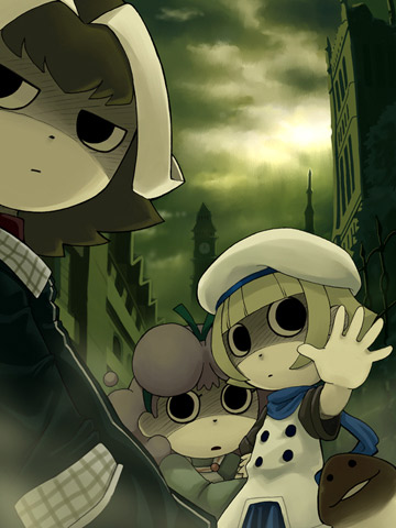 white headwear, lowres, tagme, beret, blonde hair, blue scarf, blunt bangs, brown hair, city, hat, mushroom, outdoors, pink hair, scarf