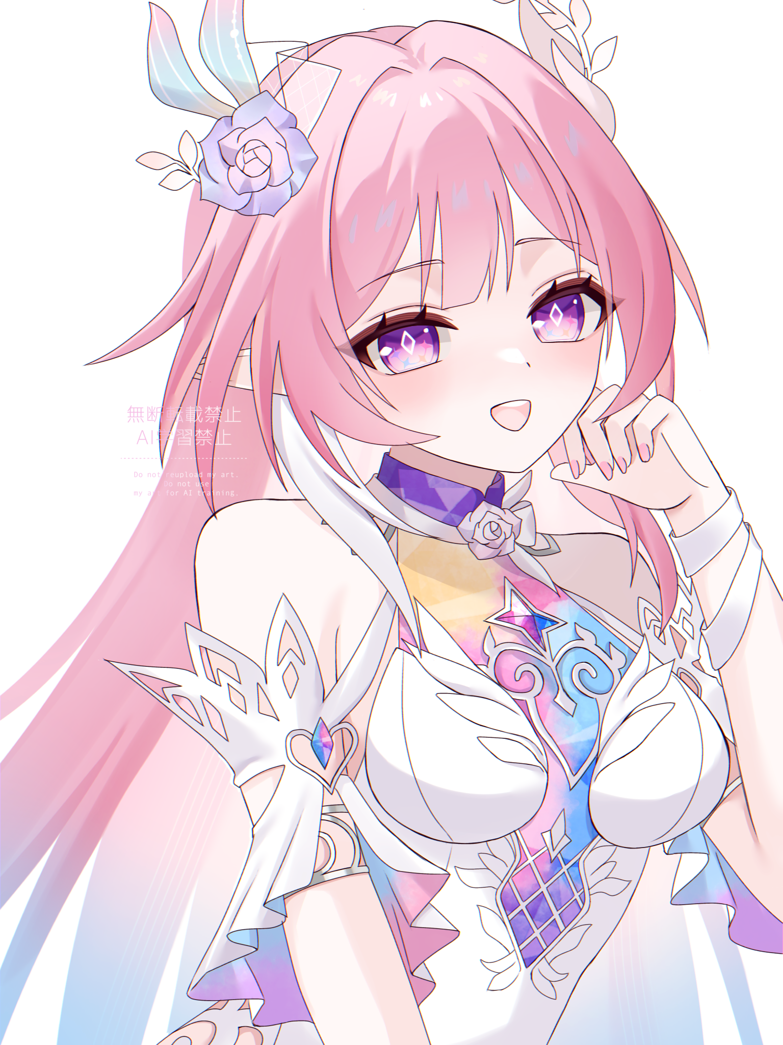 kino (curry pan), cyrene (honkai: star rail), cyrene (ripples of past reverie) (honkai: star rail), honkai: star rail, honkai (series), commentary, highres, 1girl, armlet, bare shoulders, blue hair, blush, breasts, diamond-shaped pupils, diamond (shape), dress, fingernails, flower, gradient hair, hair flower, hair ornament, hand up, jewelry, long hair, looking at viewer, medium breasts, multicolored hair, nail polish, open mouth, pink hair, pink nails, pointy ears, purple eyes, purple flower, purple rose, rose, sidelocks, simple background, smile, solo, symbol-shaped pupils, upper body, white background, white dress