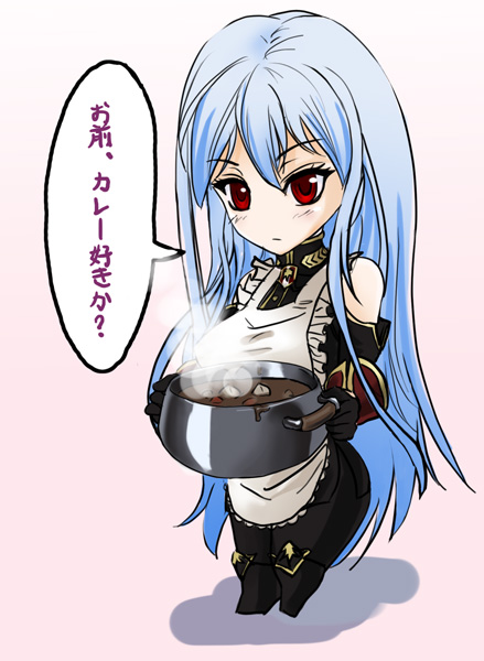 karee oshou, selvaria bles, senjou no valkyria, senjou no valkyria (series), senjou no valkyria 1, translation request, 00s, blue hair, chibi, cooking, long hair, pantyhose, red eyes, solo