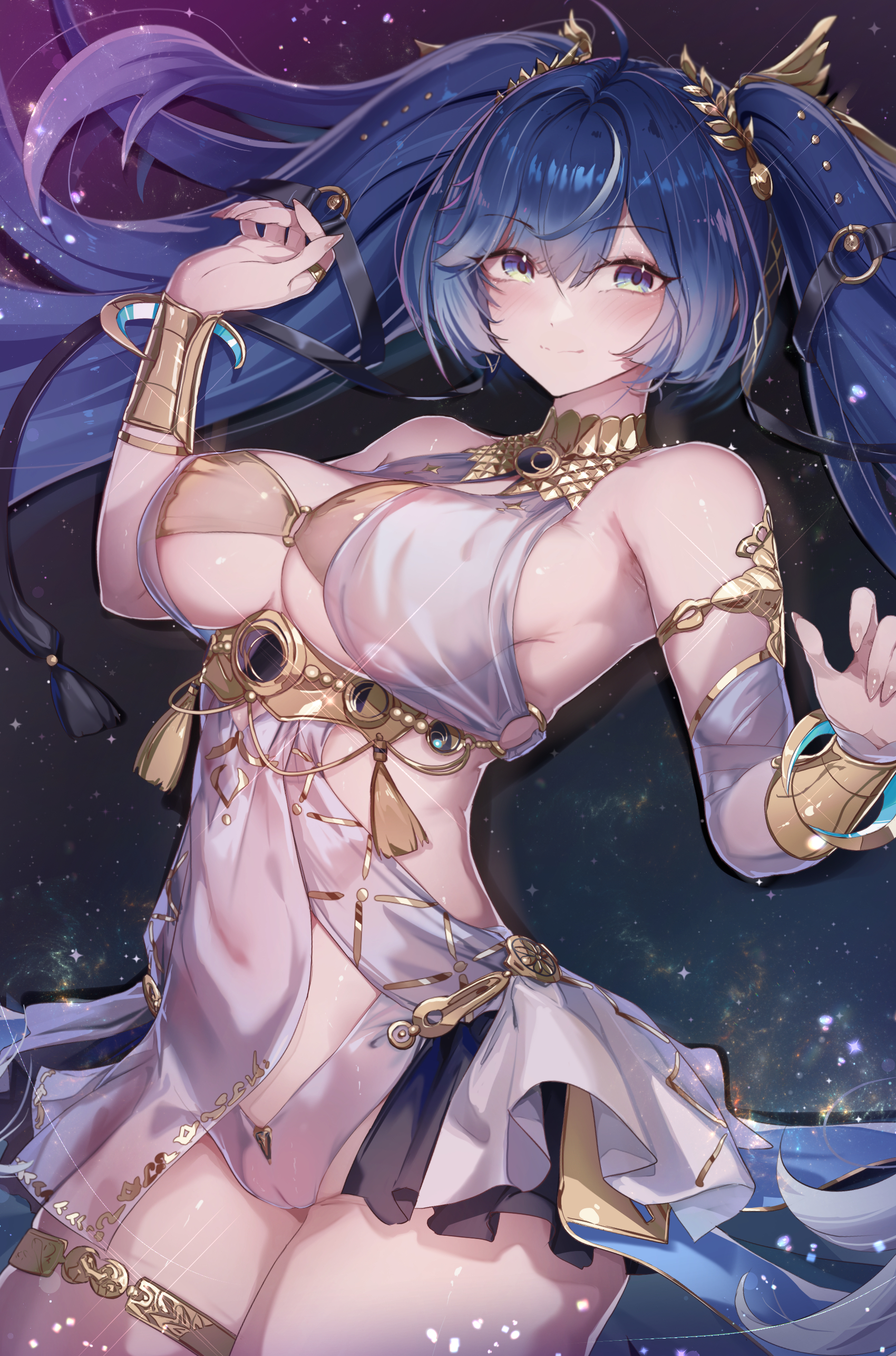 ura illust, iuno (wuthering waves), wuthering waves, absurdres, commentary request, highres, paid reward available, partial commentary, 1girl, ahoge, ancient greek clothes, armlet, bare shoulders, black skirt, blue eyes, blue hair, blush, breasts, cameltoe, closed mouth, fingernails, gold bra, greco-roman clothes, hand up, jewelry, large breasts, laurel crown, long hair, looking at viewer, multicolored hair, showgirl skirt, skirt, smile, solo, streaked hair, thighlet, thighs, twintails, vambraces