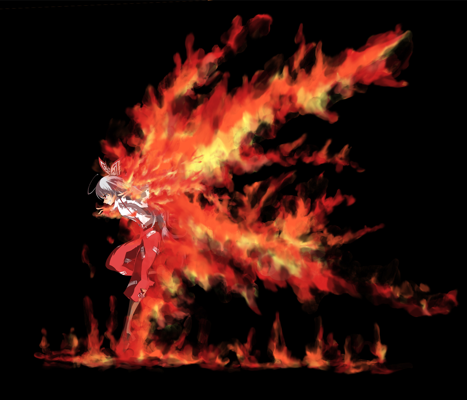 noi (noi 2y), fujiwara no mokou, touhou, highres, 1girl, black background, female focus, fire, full body, long hair, ribbon, solo
