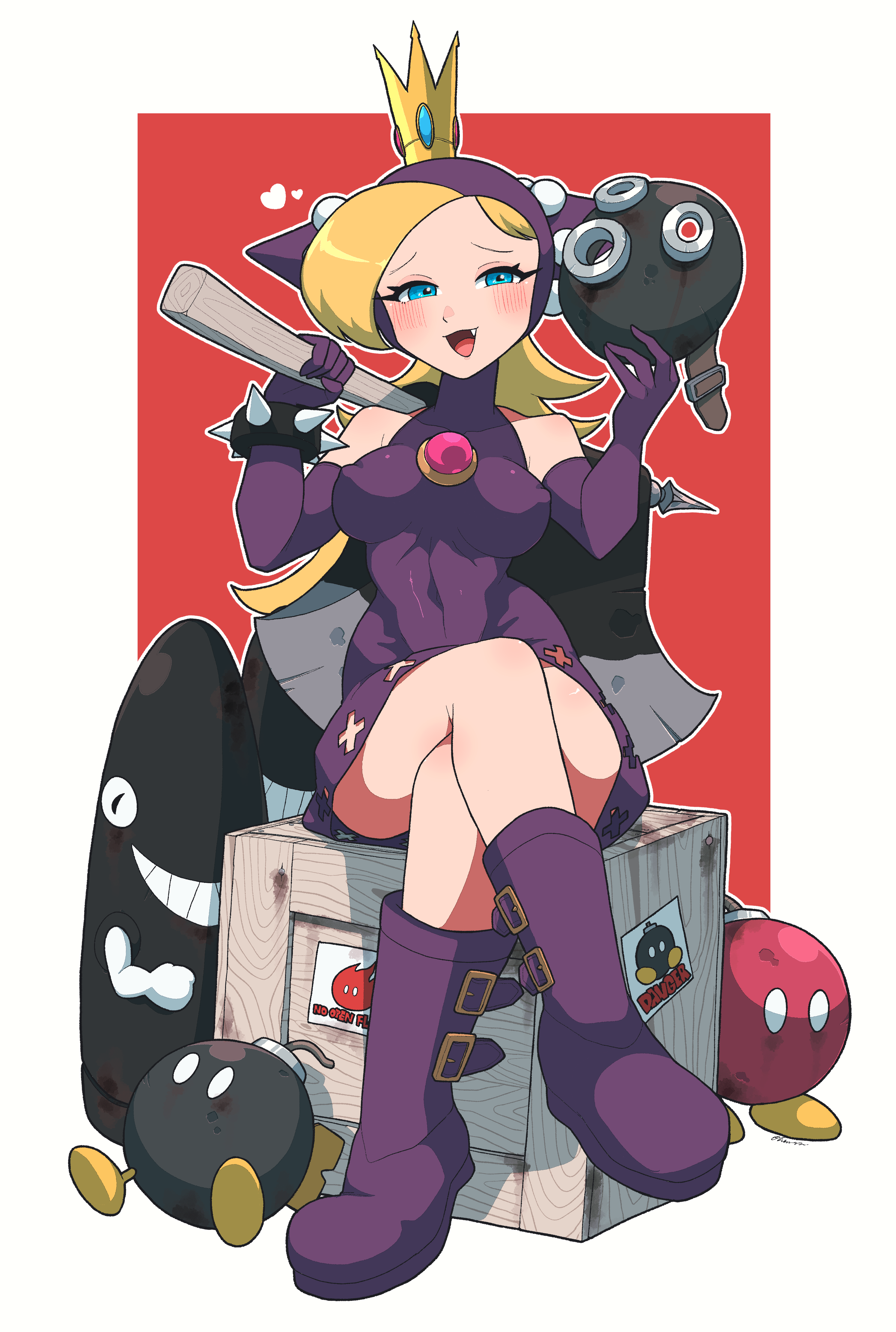 omura zojiki, bob-omb, torpedo ted, warupeach, mario (series), mario power tennis, mario tennis, nintendo, absurdres, commentary request, highres, 1girl, bare shoulders, blonde hair, blue eyes, boots, border, box, bracelet, covered erect nipples, covered navel, crossed legs, crown, elbow gloves, eyelashes, fang, gloves, jewelry, long hair, open mouth, outside border, purple boots, purple gloves, sitting, solo, spiked bracelet, spikes, white border