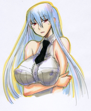 kikuta, selvaria bles, senjou no valkyria, senjou no valkyria (series), senjou no valkyria 1, breast hold, lowres, 00s, 1girl, bare shoulders, breasts, covered erect nipples, female focus, huge breasts, long hair, necktie, sleeveless, solo, upper body, white background, white hair