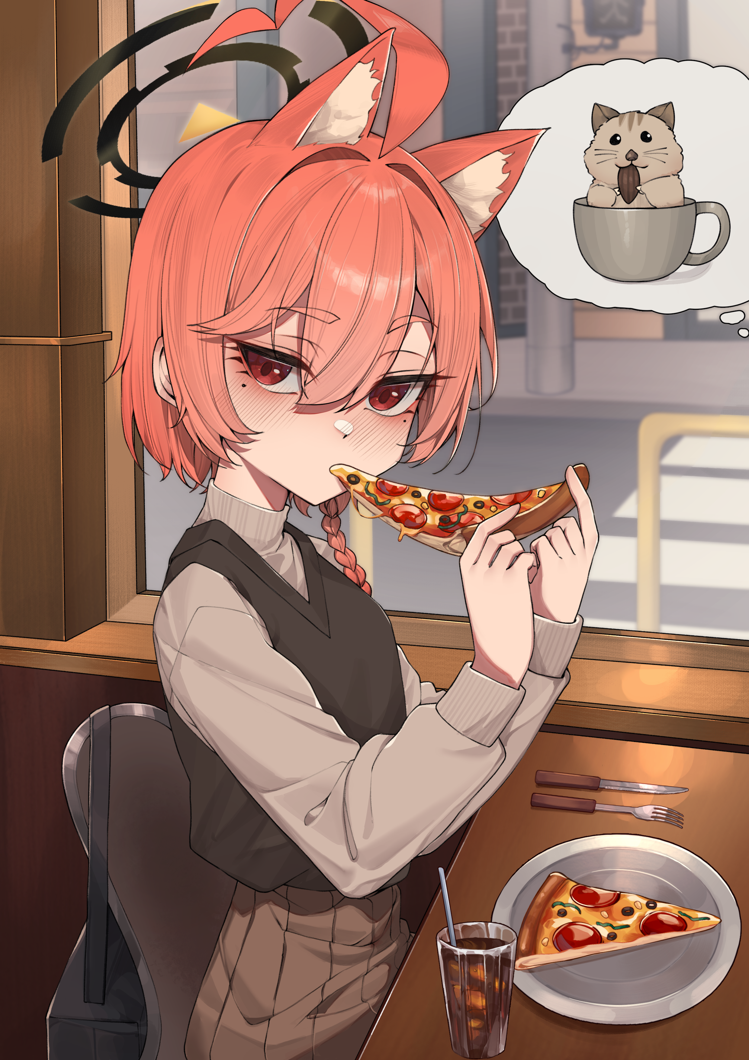 chirpy, neru (blue archive), blue archive, absurdres, highres, 1girl, ahoge, alternate costume, animal ear fluff, animal ears, braid, brown skirt, brown sweater vest, casual, cola, eating, food, halo, hamster, holding, holding food, holding pizza, huge ahoge, imagining, indoors, kemonomimi mode, looking at viewer, mole, mole under each eye, mole under eye, multiple moles, orange hair, pizza, pleated skirt, pov, restaurant, short hair, single braid, skirt, solo, speech bubble, sweater vest, thought bubble