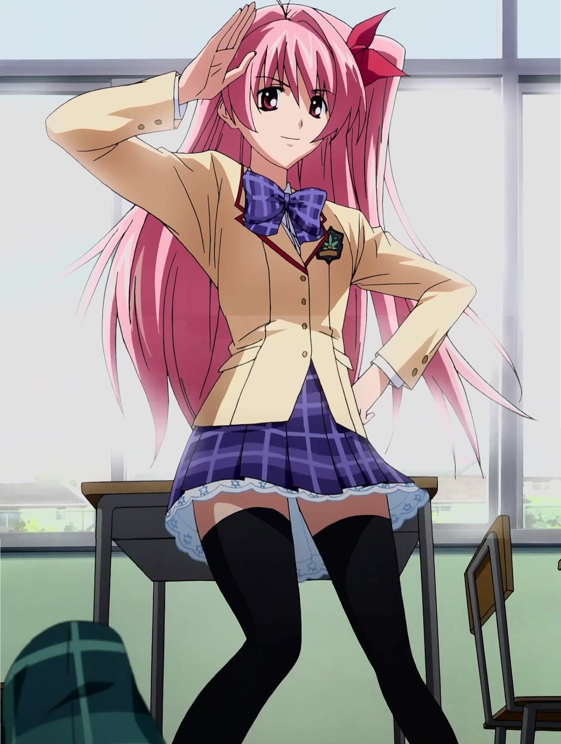 sakihata rimi, chaos;head, science adventure, absurdres, anime screenshot, highres, stitched, third-party edit, 00s, 1girl, female focus, long hair, one side up, pink hair, salute, school uniform, serafuku, solo, thighhighs, zettai ryouiki