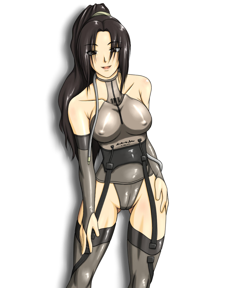 taro, taro (pixiv15952), raging raven, metal gear (series), metal gear solid, metal gear solid 4: guns of the patriots, 1girl, black eyes, black hair, breasts, cameltoe, catsuit, collarbone, covered erect nipples, female focus, fingerless gloves, garter belt, garter straps, gloves, grey gloves, grey leotard, grey thighhighs, large breasts, leotard, long hair, looking at viewer, no bra, open mouth, ponytail, smile, solo, standing, thighhighs, white background