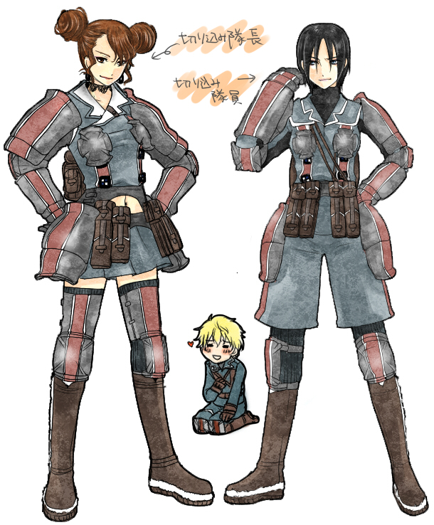 mino haru, minoharu, brigitte stark, homer peron, jane turner, senjou no valkyria, senjou no valkyria (series), senjou no valkyria 1, bad id, bad pixiv id, 00s, 1boy, 2girls, black hair, blonde hair, brown hair, military, military uniform, multiple girls, thighhighs