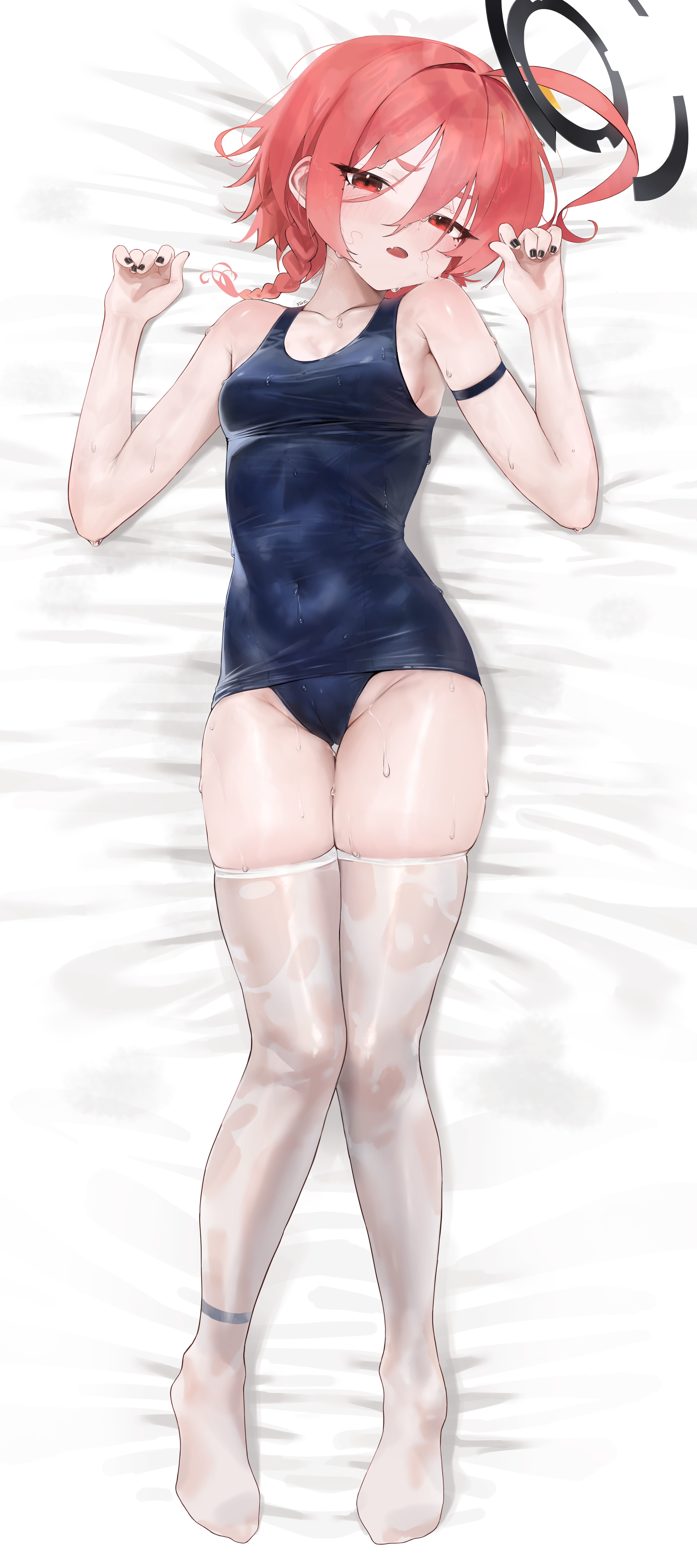 not forever2w, neru (blue archive), blue archive, absurdres, highres, 1girl, ahoge, arm strap, bare shoulders, blue one-piece swimsuit, braid, breasts, cameltoe, collarbone, covered navel, full body, groin, long hair, lying, on back, one-piece swimsuit, open mouth, red eyes, red hair, skin tight, skindentation, small breasts, solo, swimsuit, thigh gap, thighhighs, water drop, wet, wet clothes, white thighhighs