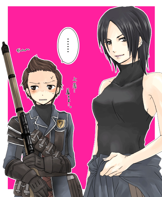 mino haru, minoharu, jane turner, oscar bielert, senjou no valkyria, senjou no valkyria (series), senjou no valkyria 1, bad id, bad pixiv id, translation request, 00s, 1boy, 1girl, arrow (symbol), bag, bare shoulders, black eyes, black hair, blush, brown eyes, brown hair, clenched teeth, clothes around waist, embarrassed, gloves, grey eyes, gun, lipstick, makeup, military, military uniform, rifle, satchel, short hair, sleeveless, sleeveless turtleneck, smile, standing, sweater, sweater around waist, teeth, turtleneck, weapon