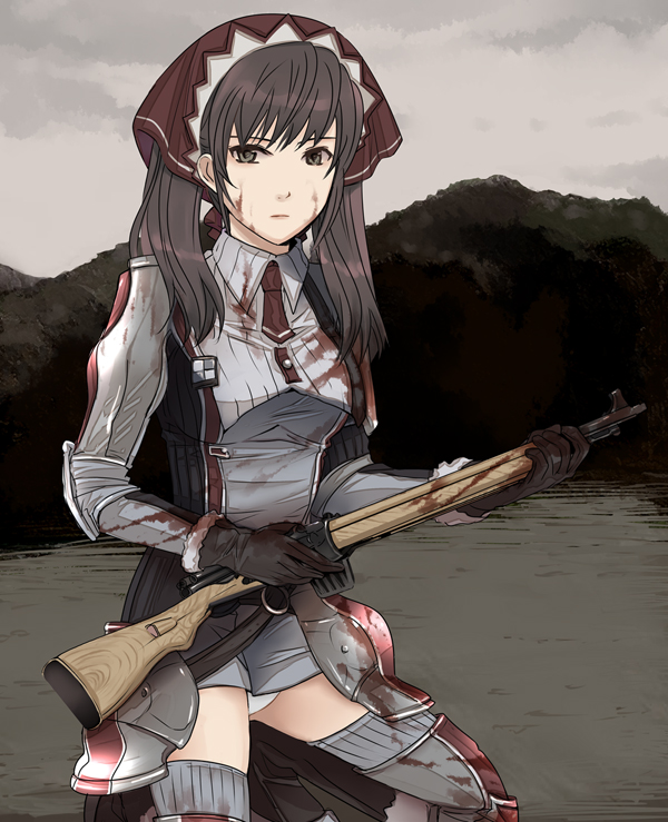 3u, alicia melchiott, senjou no valkyria, senjou no valkyria (series), senjou no valkyria 1, bad id, bad pixiv id, 00s, 1girl, blood, brown eyes, brown hair, dirty, female focus, gun, military, military uniform, panties, pantyshot, rifle, solo, thighhighs, twintails, underwear, weapon
