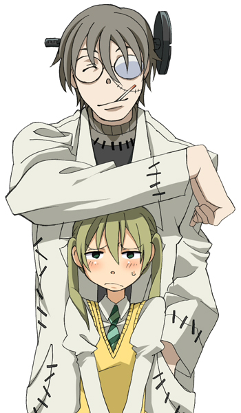 franken stein (soul eater), maka albarn, soul eater, non-web source, 00s, 1boy, 1girl, blush, cigarette, glasses, height difference, scar, smoking, stitches, white background