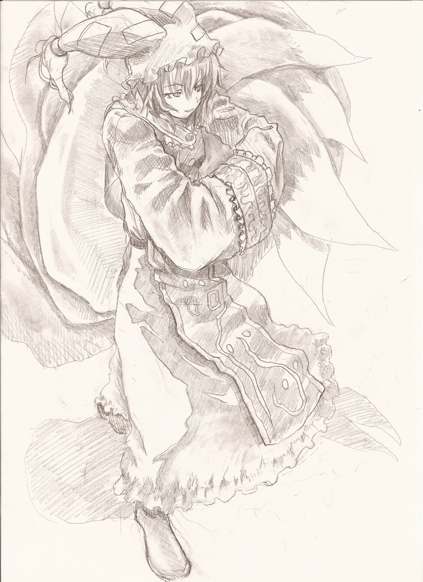 manntake, manntake (pixiv), mantake, yakumo ran, touhou, traditional media, 1girl, animal hat, collar, female focus, full body, hands in opposite sleeves, hat, jester cap, kitsune, long sleeves, mob cap, monochrome, multiple tails, own hands together, shoes, short hair, sketch, solo, standing, tabard, tail, tassel, wide sleeves