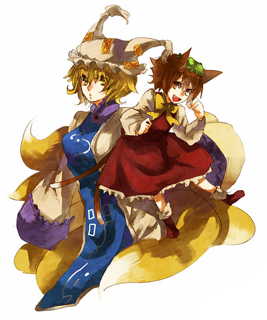 kyouichi, chen, yakumo ran, touhou, bad id, bad pixiv id, 2girls, animal ears, animal hat, blonde hair, brown eyes, brown hair, cat ears, cat girl, cat tail, female focus, fox tail, hat, long sleeves, mob cap, multiple girls, multiple tails, short hair, tail, tassel, white background, wide sleeves, yellow eyes