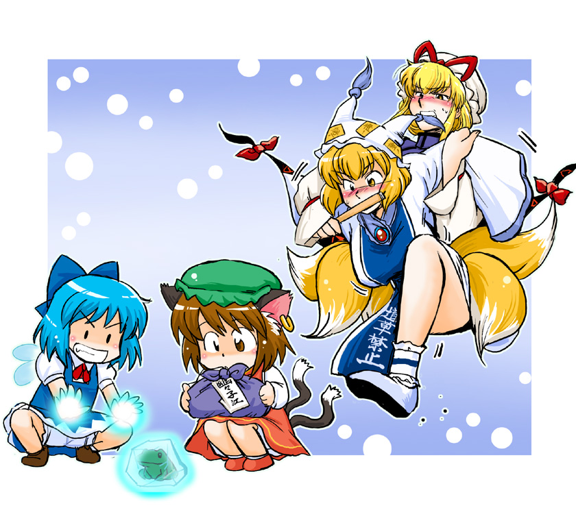 azuki osamitsu, chen, cirno, yakumo ran, yakumo yukari, touhou, translated, 4girls, animal ears, animal hat, blonde hair, blue hair, blush, brown eyes, brown hair, cat ears, cat girl, cat tail, chibi, earrings, female focus, fox tail, frog, gap (touhou), hair ribbon, hat, ice, jewelry, long sleeves, mob cap, multiple girls, multiple tails, ribbon, shoes, short hair, socks, tail, tassel, wide sleeves, wings