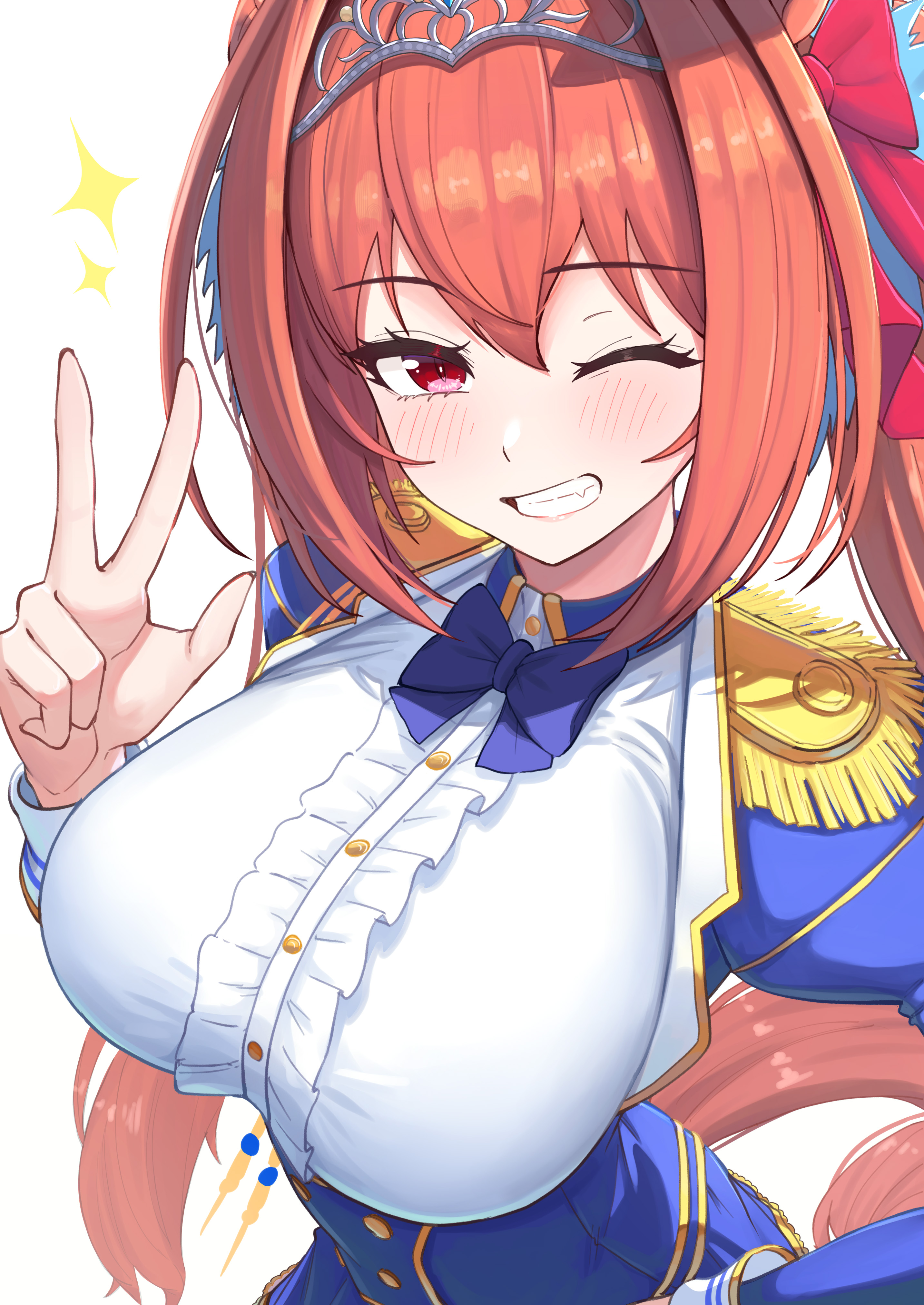 take978733141, daiwa scarlet (peak blue) (umamusume), daiwa scarlet (umamusume), umamusume, absurdres, commentary request, highres, 1girl, animal ears, antenna hair, blue bow, blue bowtie, blush, bow, bowtie, breasts, brown hair, center frills, epaulettes, fang, framed breasts, frills, grin, hair between eyes, hair intakes, horse ears, horse girl, large breasts, long hair, looking at viewer, one eye closed, red eyes, shirt, simple background, smile, solo, tiara, twintails, underbust, w, white background, white shirt