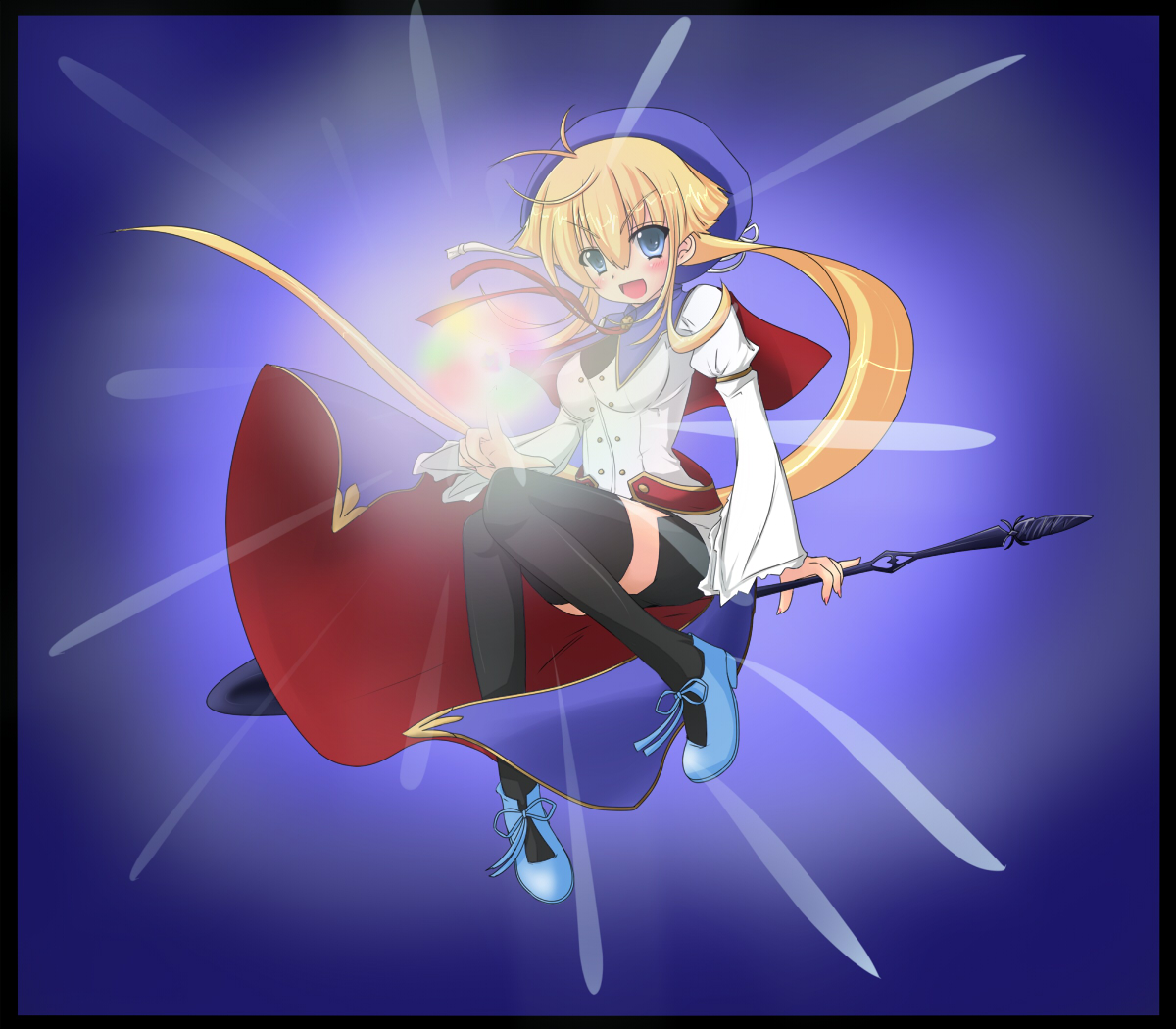 mizukiryan, prima aspallas, nanatsuiro drops, 00s, blonde hair, blue eyes, cape, hat, long hair, solo, staff, thighhighs, very long hair, zettai ryouiki