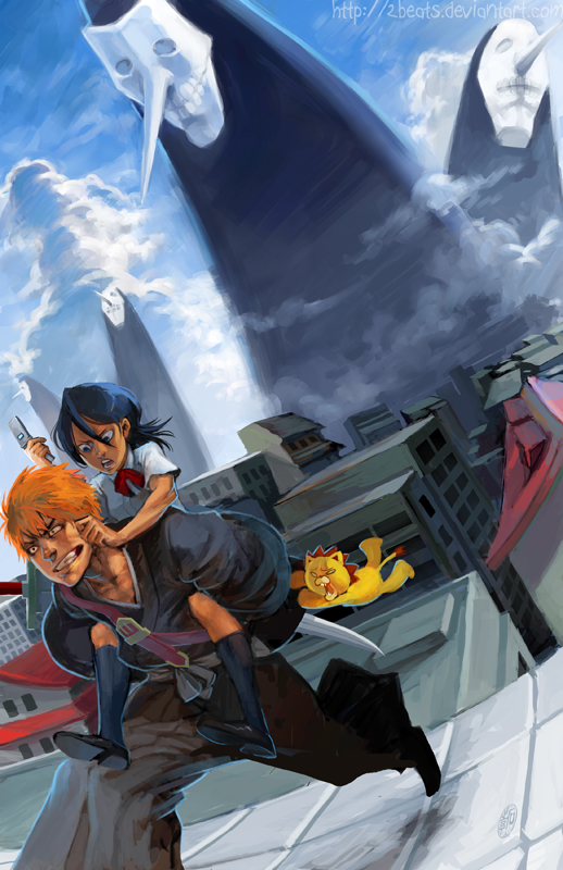 domee shi, kon (bleach), kuchiki rukia, kurosaki ichigo, menos grande, bleach, 00s, 1boy, 1girl, carrying, cellphone, cheek pinching, city, clenched teeth, cloud, constricted pupils, day, dutch angle, fleeing, hakama, hakama skirt, hollow (bleach), japanese clothes, long nose, mask, monster, phone, piggyback, pinching, running, school uniform, serafuku, skirt, sky, spiked hair, stuffed animal, stuffed lion, stuffed toy, teeth, tiles