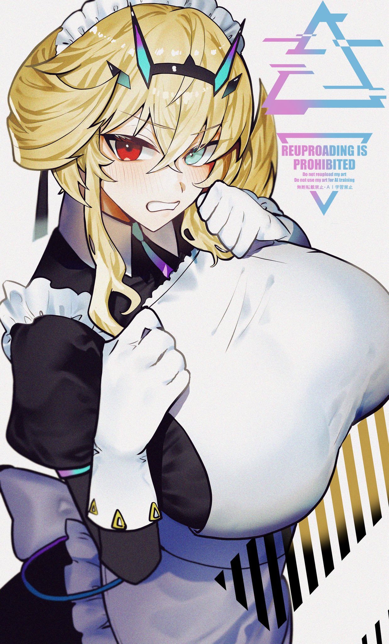 kabosoi mangaka, barghest (fate), barghest (swimsuit archer) (second ascension) (fate), fate/grand order, fate (series), highres, 1girl, apron, black dress, blonde hair, blush, breasts, clenched teeth, collared dress, dress, gloves, green eyes, heterochromia, horns, huge breasts, long sleeves, looking at viewer, maid, maid headdress, medium hair, red eyes, solo, teeth, white apron, white gloves