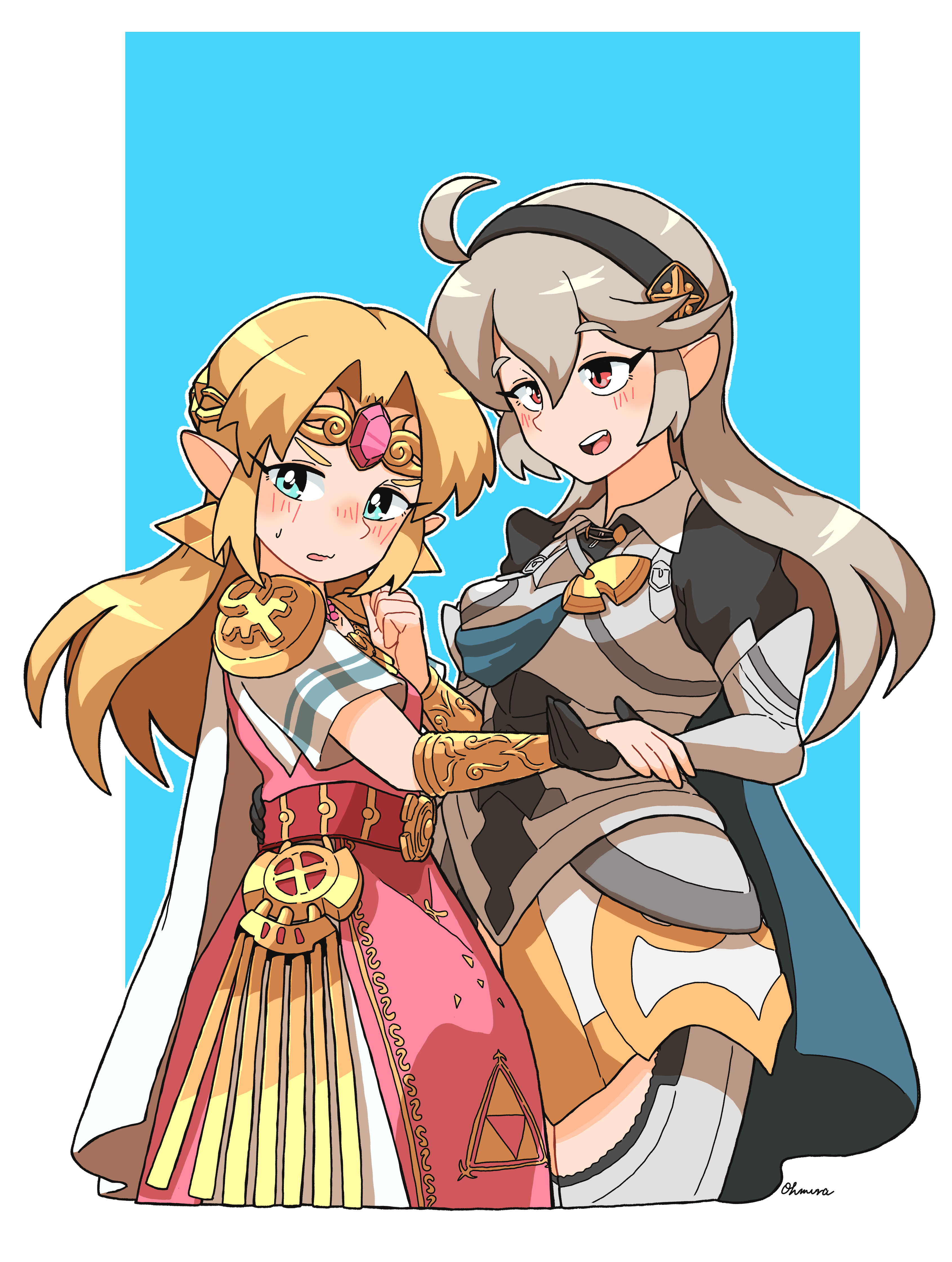 omura zojiki, female corrin (fire emblem), princess zelda, fire emblem, fire emblem fates, nintendo, super smash bros., the legend of zelda, the legend of zelda: a link between worlds, absurdres, commentary request, highres, 2girls, armor, black hairband, blonde hair, blush, breasts, cape, earrings, fingerless gloves, gloves, grey hair, hair between eyes, hair ornament, hairband, headpiece, hug, jewelry, juliet sleeves, long hair, long sleeves, looking at viewer, multiple girls, open mouth, pointy ears, puffy sleeves, red eyes, simple background, smile, triforce, white hair, yuri