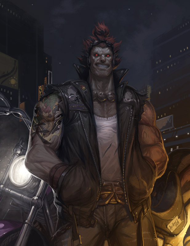 andrew hou, udon entertainment, akuma (street fighter), capcom, street fighter, vehicle, 1boy, andrew jou, belt, black theme, city, facial hair, glowing, glowing eyes, goatee stubble, heaven (kanji), jacket, leather, leather jacket, male focus, motor vehicle, motorcycle, muscular, muted color, night, red hair, solo, stubble, tattoo, torn clothes