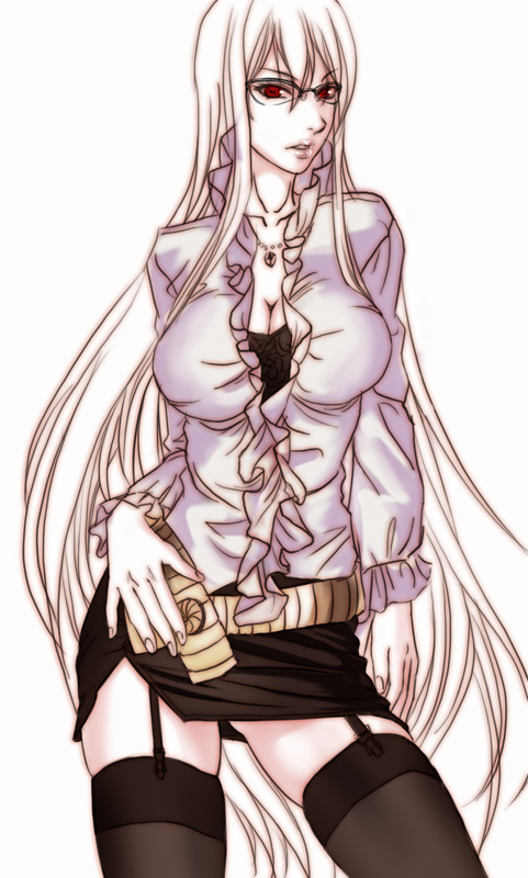 karee oshou, selvaria bles, senjou no valkyria, senjou no valkyria (series), senjou no valkyria 1, 00s, 1girl, belt, black thighhighs, blouse, breasts, casual, cleavage, female focus, garter belt, garter straps, glasses, hand on own hip, hip focus, jewelry, large breasts, lipstick, long hair, makeup, miniskirt, naughty face, necklace, office lady, open mouth, pencil skirt, red eyes, shirt, simple background, skirt, solo, standing, thighhighs, very long hair, white hair, zettai ryouiki