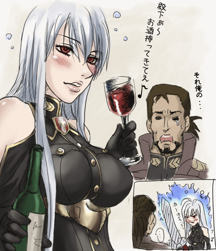 karee oshou, radi jaeger, selvaria bles, senjou no valkyria, senjou no valkyria (series), senjou no valkyria 1, silver hair, translation request, 00s, = =, alcohol, angry, beard, black hair, blush, bottle, breasts, chibi, drunk, facial hair, gloves, goatee, large breasts, lips, lipstick, long hair, makeup, military, military uniform, open mouth, ponytail, red eyes, smile, sword, tears, very long hair, weapon, wine