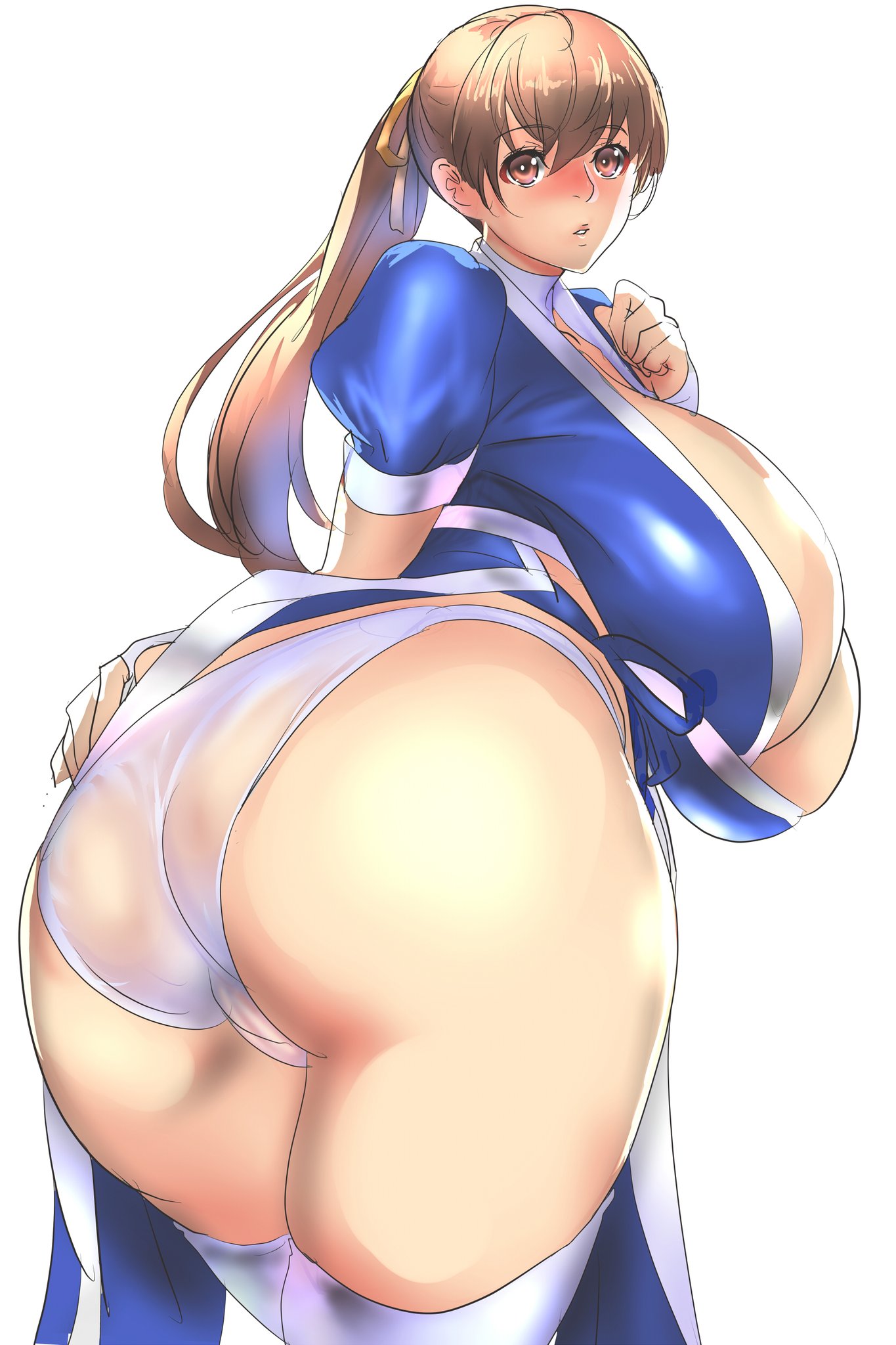 judge (oekaki), kasumi (doa), dead or alive, 1girl, ass, ass focus, blush, breasts, brown hair, cleavage, from behind, huge ass, huge breasts, long hair, ninja, panties, pelvic curtain, ponytail, short sleeves, underwear, white background