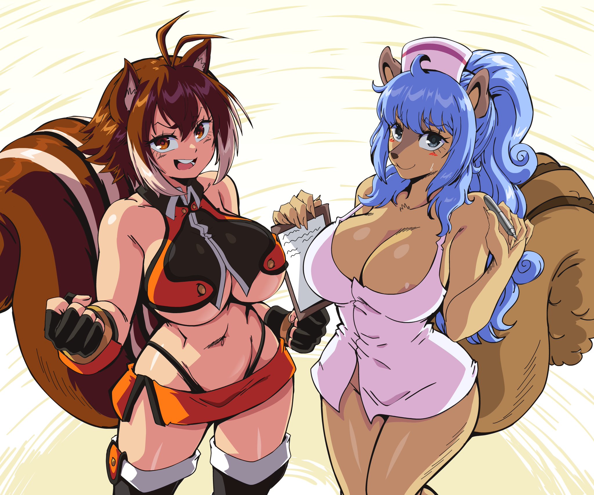 makoto nanaya, tristan (one piece), blazblue, one piece, 2girls, animal ears, areola slip, bare shoulders, blue hair, breasts, brown eyes, brown fur, brown hair, cleavage, crossover, dress, fingerless gloves, gloves, hat, large breasts, long hair, looking at viewer, microskirt, multiple girls, pen, short dress, short hair, skirt, sleeveless, squirrel ears, squirrel tail, tail, teeth, underboob, upper teeth only