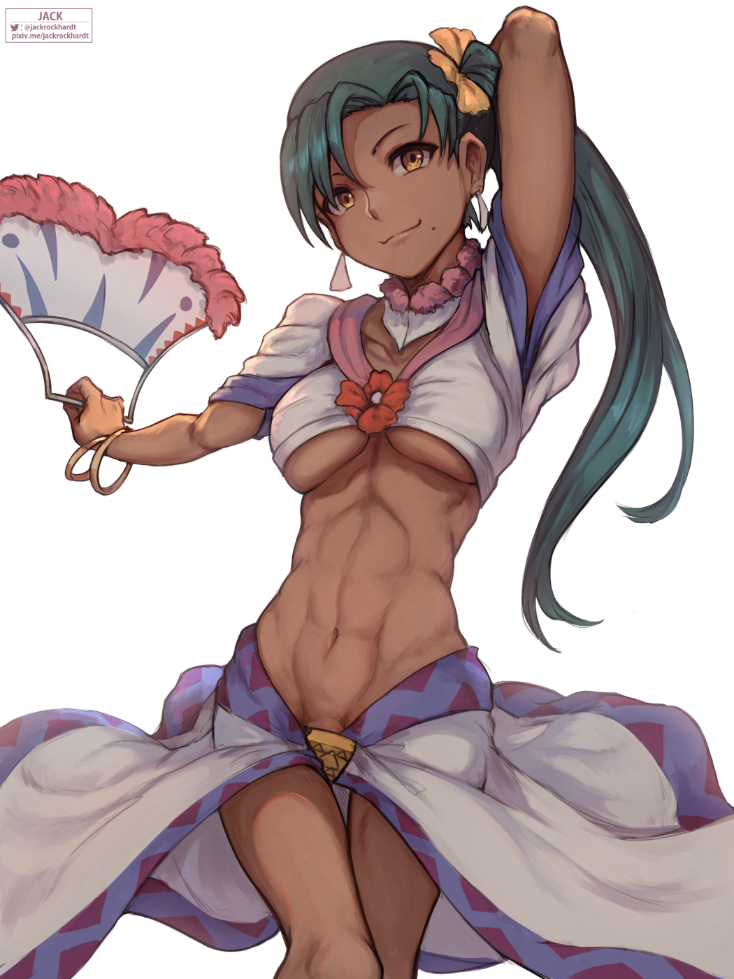 jack rockhardt, jean (lunar), lunar, lunar 2: eternal blue, highres, 1girl, arm up, artist name, bracelet, breasts, closed mouth, dark-skinned female, dark skin, earrings, green hair, hand fan, holding, holding fan, jewelry, long hair, looking at viewer, mole, mole under mouth, navel, orange eyes, side ponytail, simple background, smile, solo, twitter logo, watermark, web address, white background
